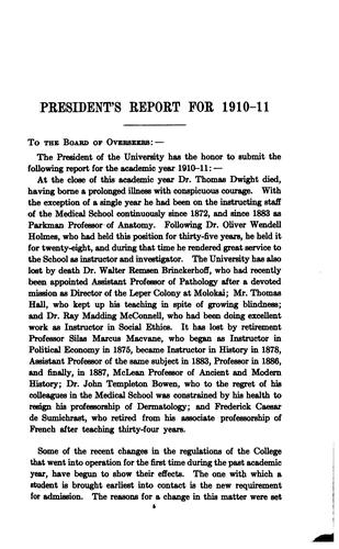 Cover for Annual Report of the President of Harvard University to the Overseers on the State of the ...