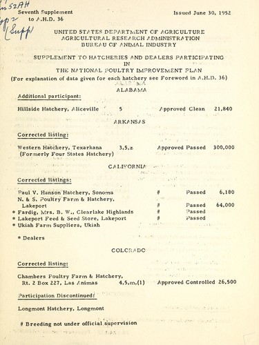 Cover for Supplement to hatcheries and dealers participating in the National Poultry Improvement Plan
