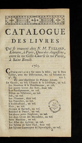 Cover for Catalogue des livres qui se trouvent chez N.M. Tilliard, libraire, a   Paris, quai des Augustins, entre la rue Gille-C¿ur & la rue Pave e, a   Saint Benoi t