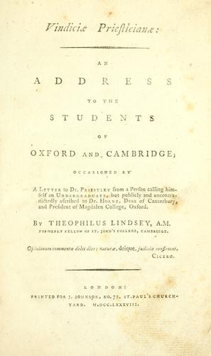 Cover for Vindiciae Priestleianae