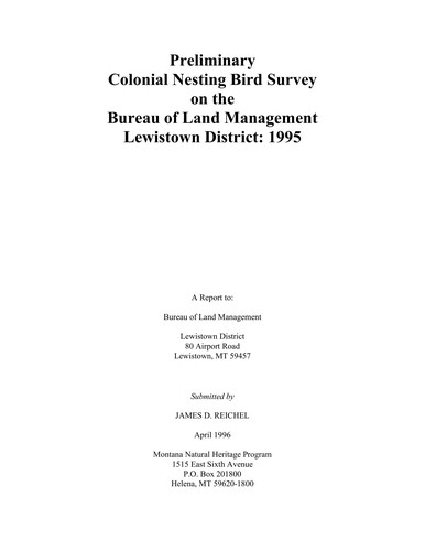 Cover for Preliminary colonial nesting bird survey on the Bureau of Land Management