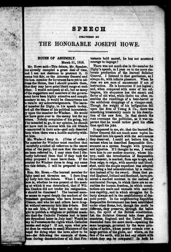 Cover for Speech delivered by the Honorable Joseph Howe, House of Assembly, March 31, 1858