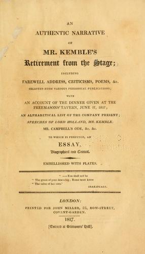Cover for An authentic narrative of Mr. Kemble's retirement from the stage