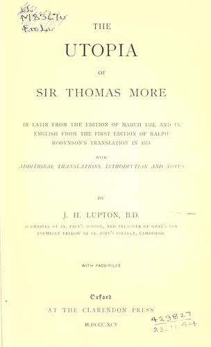 Cover for The Utopia of Sir Thomas More, in Latin from the edition of March 1518, and in English from the 1st ed. of Ralph Robynson's translation in 1551