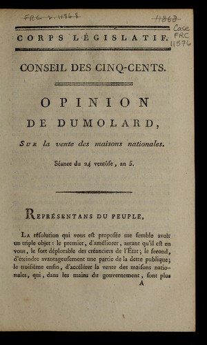 Cover for Opinion de Dumolard sur la vente des maisons nationales