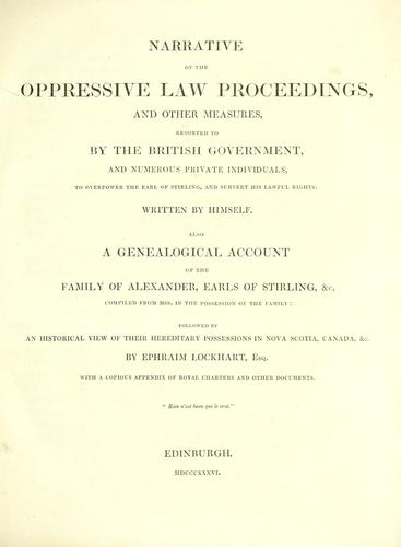 Cover for Narrative of the oppressive law proceedings, and other measures, resorted to by the British government, and numerous private individuals, to overpower the Earl of Stirling and subvert his lawful rights.