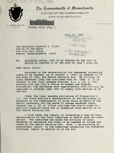 Cover for Estimated annual cost to be imposed on the city of Boston by Chapter 23 of the Acts of 1988=$383,000