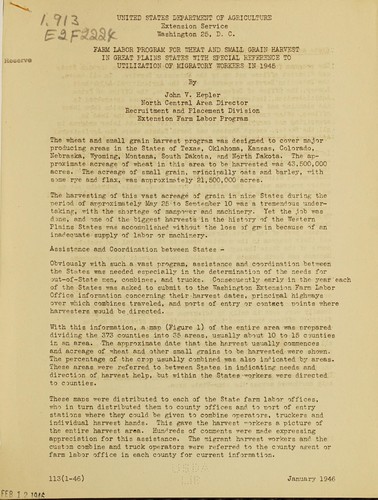 Cover for Farm labor program for wheat and small grain harvest in Great Plains states with special reference to utilization of migratory workers in 1945