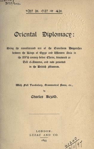 Cover for Oriental diplomacy, being the transliterated text of the Cuneiform Despatches between the Kings of Egypt and  Western Asia in the XVth century before Christ