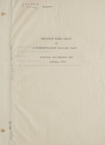 Cover for Pre-pilot plant design of a Fischer-Tropsch gasoline plant