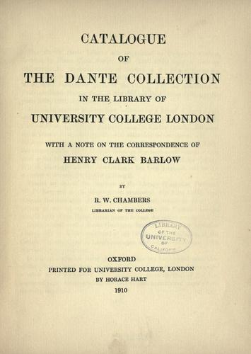 Cover for Catalogue of the Dante collection in the library of University college, London