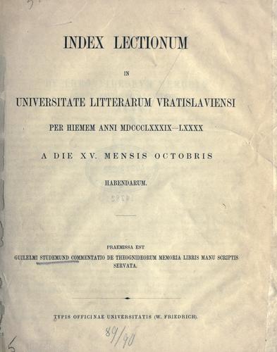 Cover for De theognideorum memoria libris manu scriptis servata.