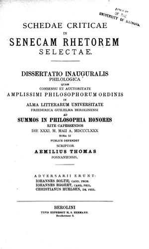 Cover for Schedae criticae in Senecam rhetorem selectae