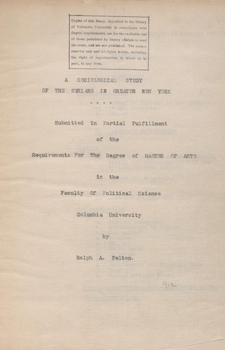 Cover for A sociological study of the Syrians in Greater New York