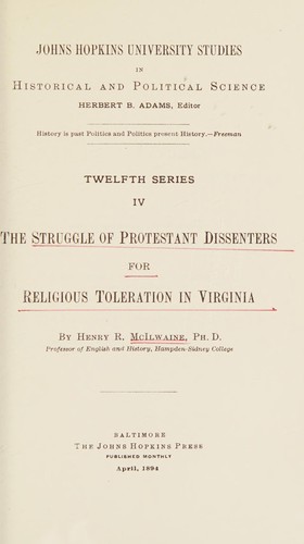 Cover for The struggle of Protestant dissenters for religious toleration in Virginia.
