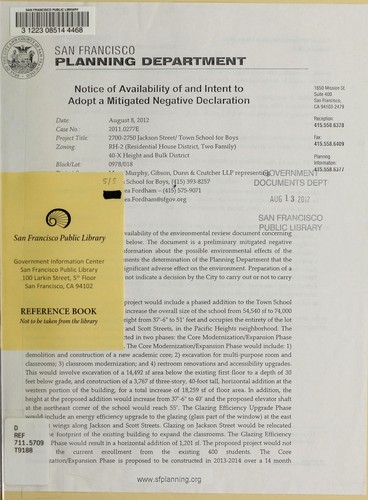 Cover for Notice of availability of and intent to adopt a mitigated negative declaration