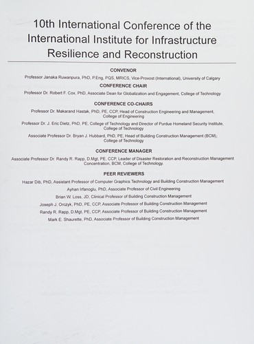Cover for 10th International conference of the International Institute for Infrastructure Resilience and Reconstrucion