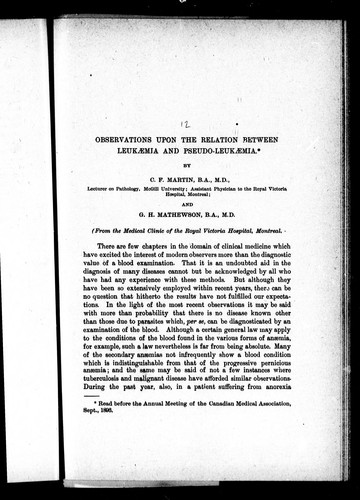 Cover for Observations upon the relation between leukaemia and pseudo-leukaemia