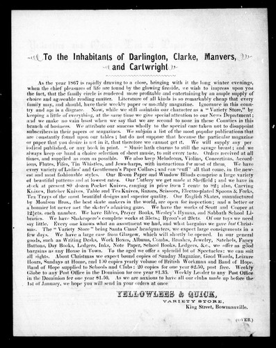 Cover for To the inhabitants of Darlington, Clarke, Manvers, and Cartwright
