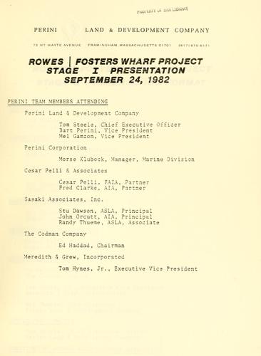 Cover for Rowes/Fosters Wharf project, stage i presentation, September 24, 1982.
