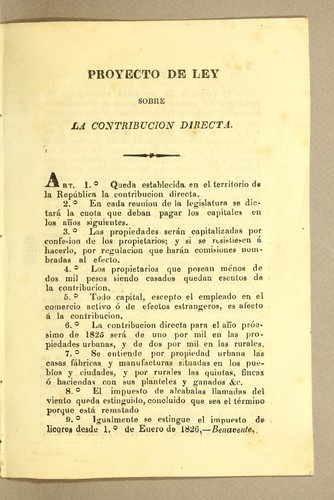 Cover for Proyecto de ley sobre la contribucion directa