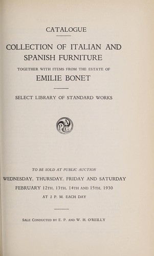 Cover for Catalogue, collection of Italian and Spanish furniture together with items from the estate of Emilie Bonet, select library of standard works
