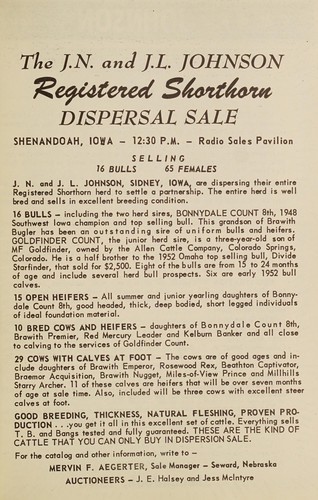 Cover for The J.N. and J.L. Johnson registered shorthorn dispersal sale