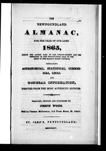Cover for The Newfoundland almanac, for the year of Our Lord 1865, (being the latter part of the twenty-eighth and the beginning of the twenty-ninth year of the reign of Her Majesty Queen Victoria)