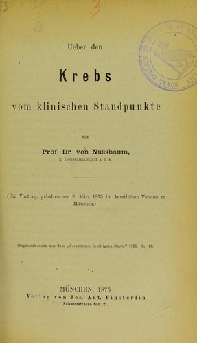 Cover for Ueber den Krebs vom klinischen Standpunkte