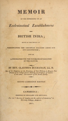 Cover for Memoir of the expediency of an ecclesiastical establishment for British India...