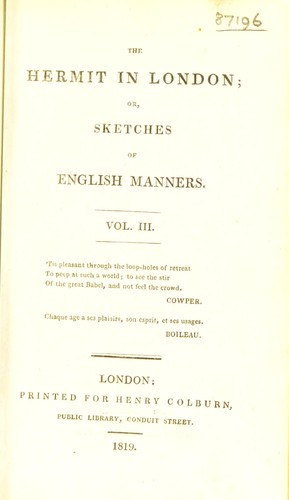 Cover for The hermit in London; or, sketches of English manners