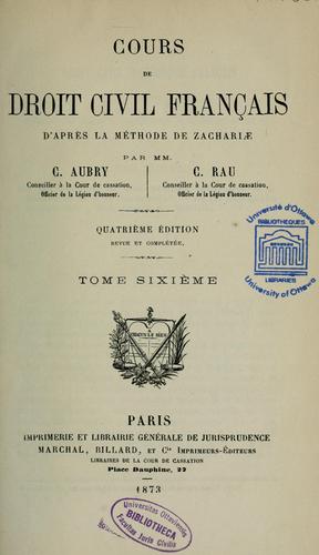 Cover for Cours de droit civil français d'après la méthode de Zachariae