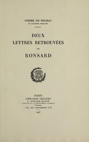Cover for Deux lettres retrouvées de Ronsard