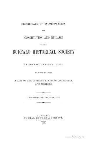 Cover for Certificate of Incorporation and Constitution and By-laws of the Buffalo Historical Society as ...