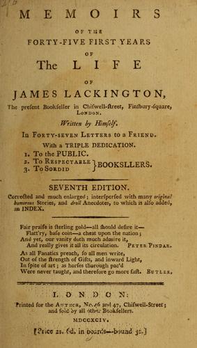 Cover for Memoirs of the forty-five first years of the life of James Lackington...