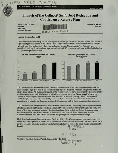 Cover for Impacts of the Cellucci/ Swift debt reduction and contingency reserve plan