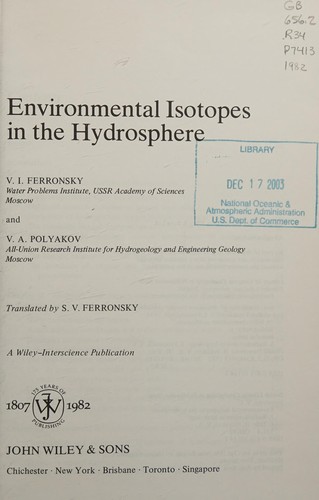 Cover for Environmental isotopes in the hydrosphere