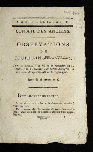 Cover for Observations de Jourdain (d'Ille-et-Vilaine), sur les articles V et VI de la re solution du 26 pluviose an 7, relative aux parens d'e migre s, et aux droits de successibilite  de la Re publique