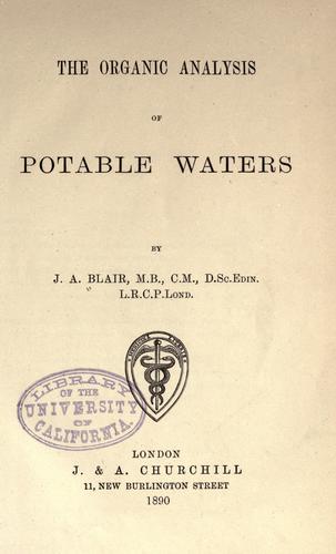 Cover for The organic analysis of potable waters