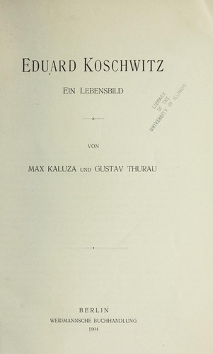 Cover for Eduard Koschiwitz, ein lebensbild
