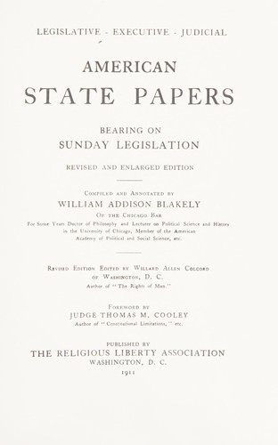 Cover for American state papers bearing on Sunday legislation