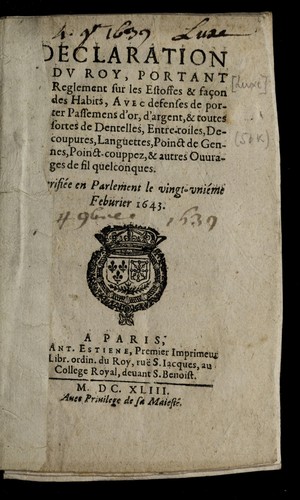 Cover for Declaration dv Roy, portant reglement sur les estoffes & fac ʹon des habits