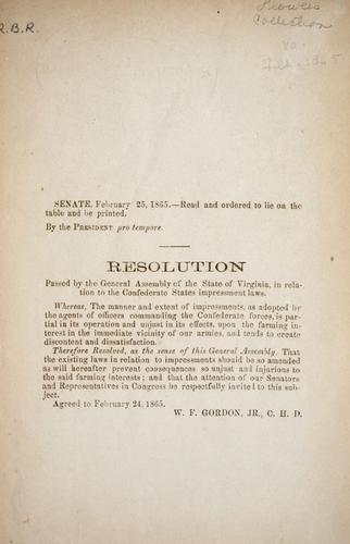 Cover for Resolution passed by the General Assembly of the state of Virginia, in relation to the Confederate States impressment laws