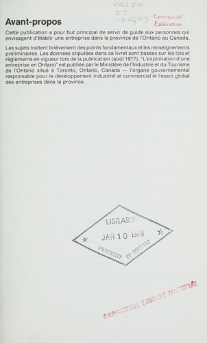 Cover for GUIDE POUR LES AFFAIRES EN ONTARIO, CANADA