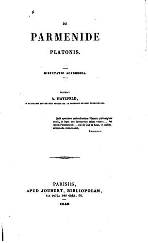 Cover for De Parmenide Platonis: disputatio academia