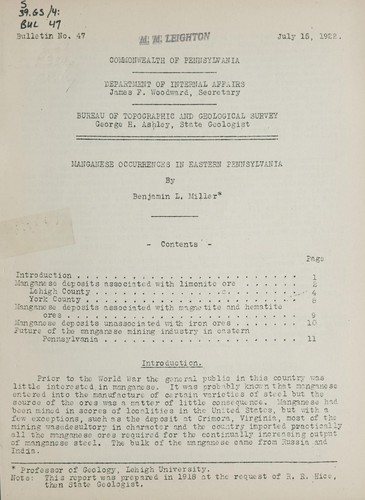 Cover for Manganese occurrences in eastern Pennsylvania
