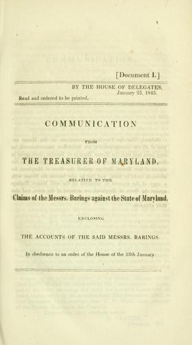 Cover for Communication from the Treasurer of Maryland, relative to the claims of the Messrs. Barings against the state of Maryland