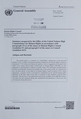 Cover for Summary prepared by the Office of the United Nations High Commissioner for Human Rights in accordance with paragraph 15(c) of the annex to Human Rights Council resolution 5/1 and paragraph 5 of the annex to Council resolution 16/21