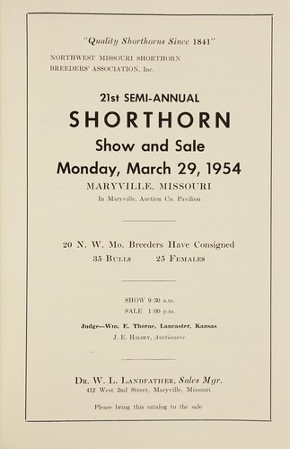 Cover for "Quality shorthorns since 1841," Northwest Missouri Shorthorn Breeders' Association, Inc., 21st semi-annual shorthorn show and sale