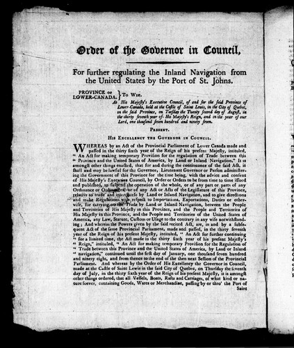 Cover for Order of the Governor in Council for further regulating the inland navigation from the United States by the port of St. Johns